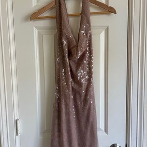 Elegant Sequin Halter Dress - Brown